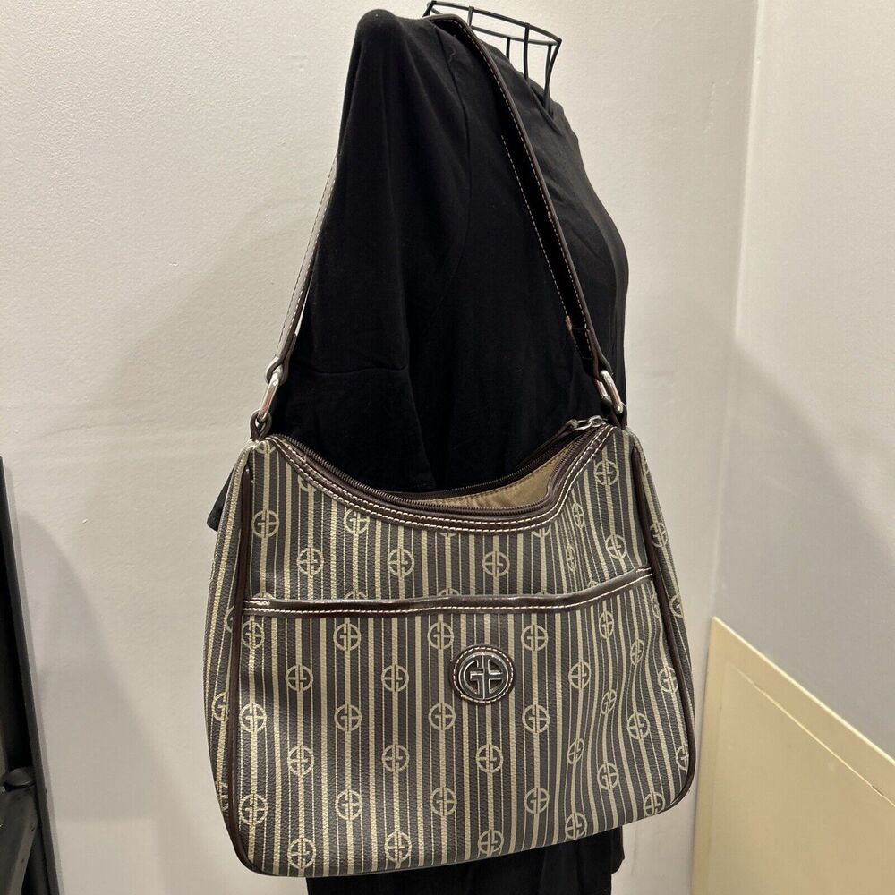 Giani Bernini Signature Striped Ladies Handbag Brown Taupe Shoulder Bag Purse